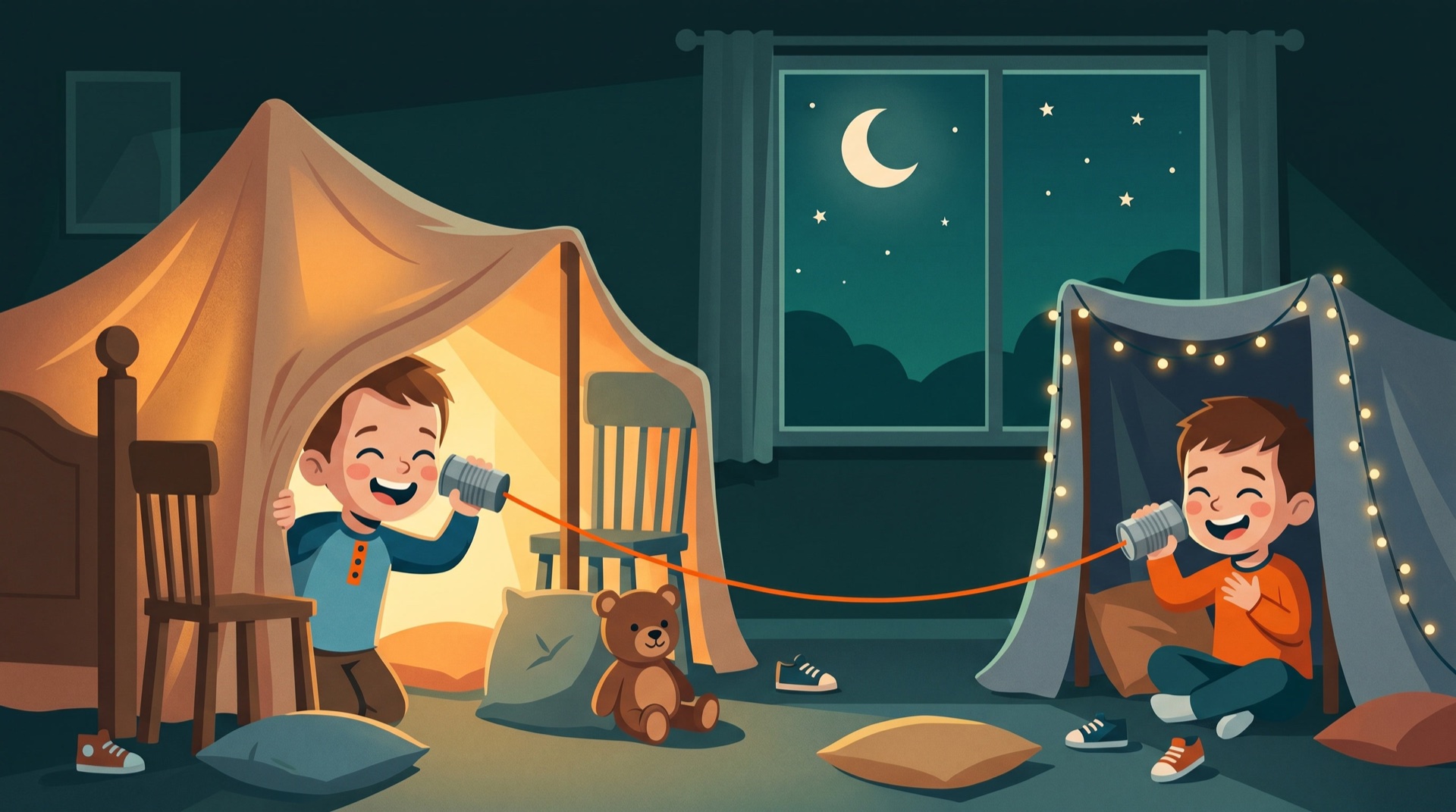Two little boys at a sleepover talking through tin cans strung between two blanket forts