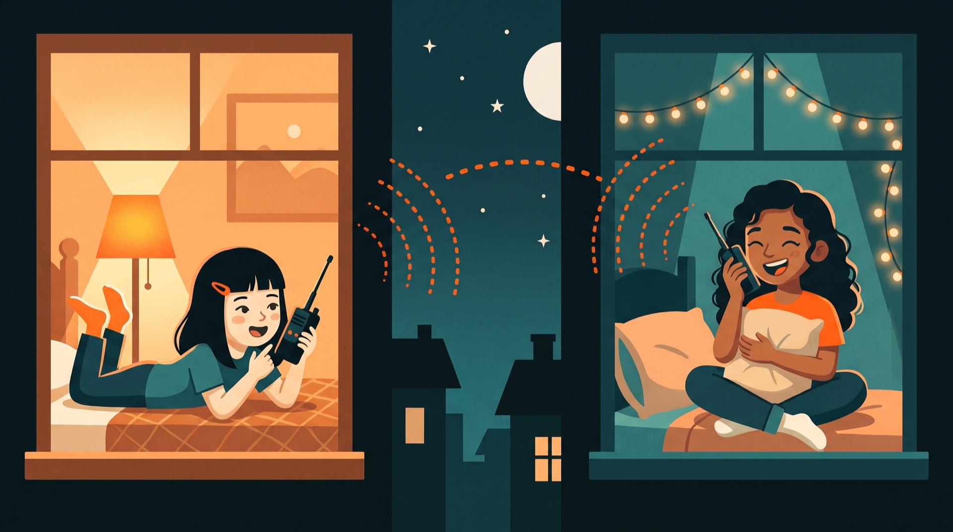 Two girls in different bedrooms across town talking on walkie-talkies at night